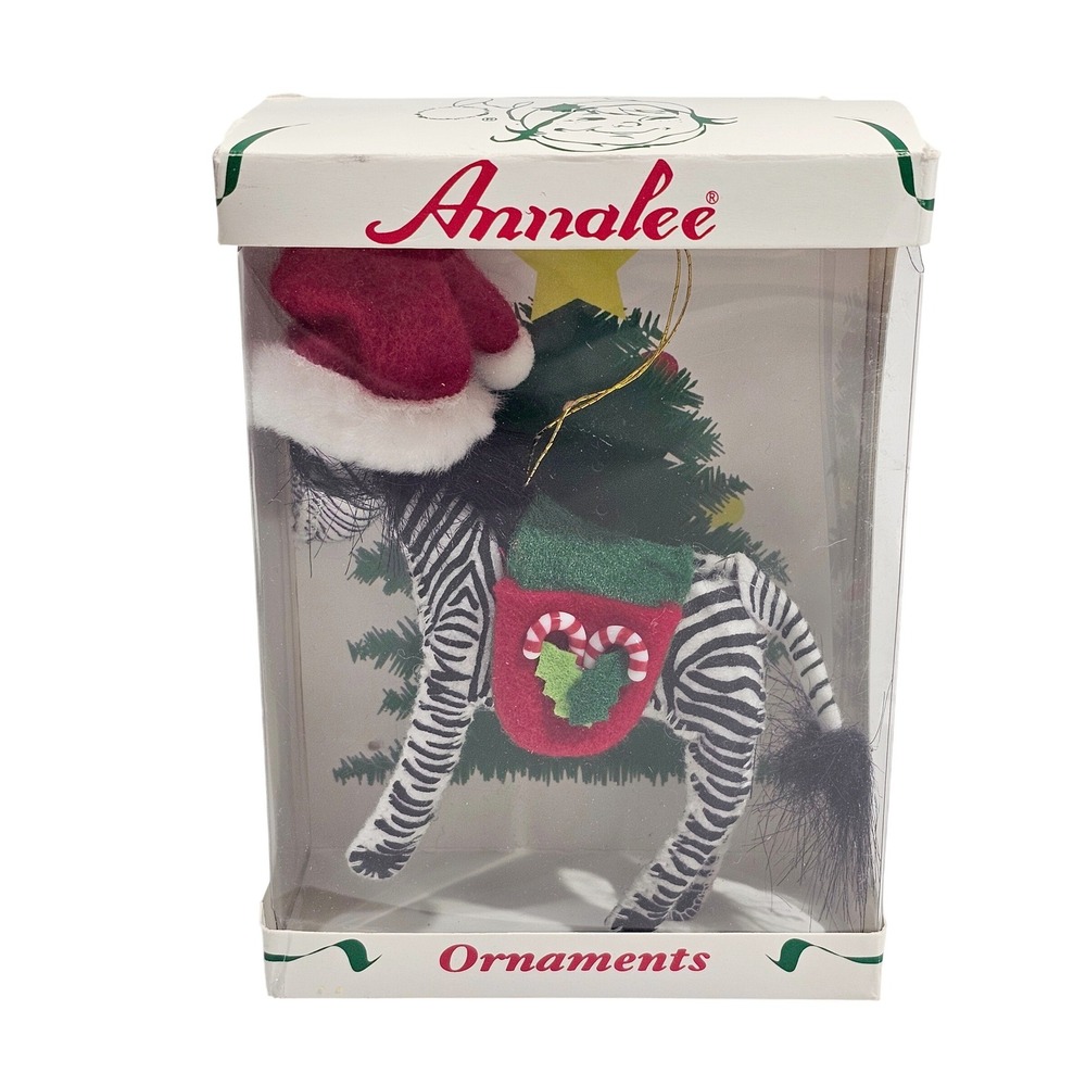 Annalee Zebra Christmas Ornament Santa Hat Candy Cane Stocking Holiday Decor Box